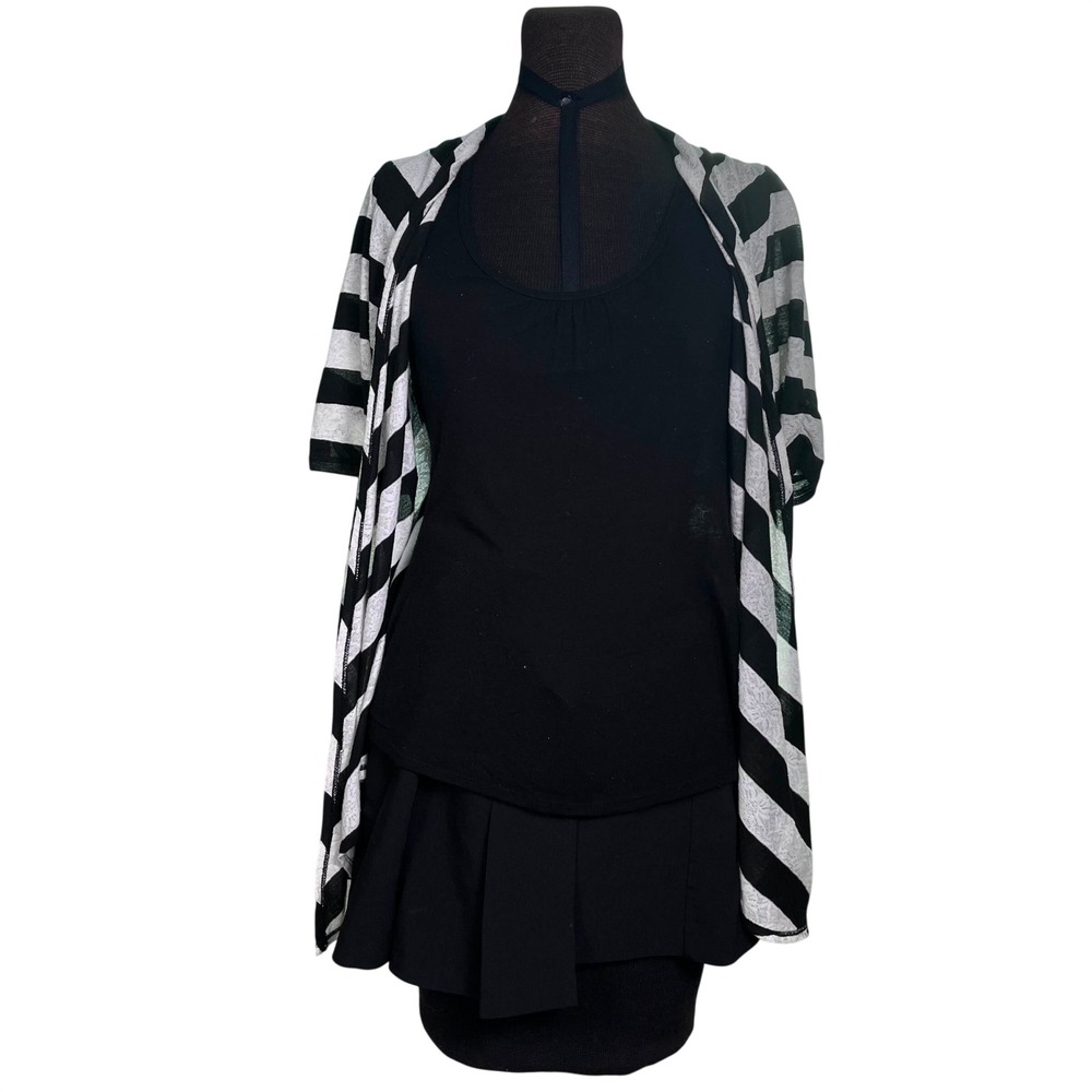 Y2K Black White Striped Open Front Cardigan Tunic Top Scene Emo Women's Size L - Picture 1 of 7